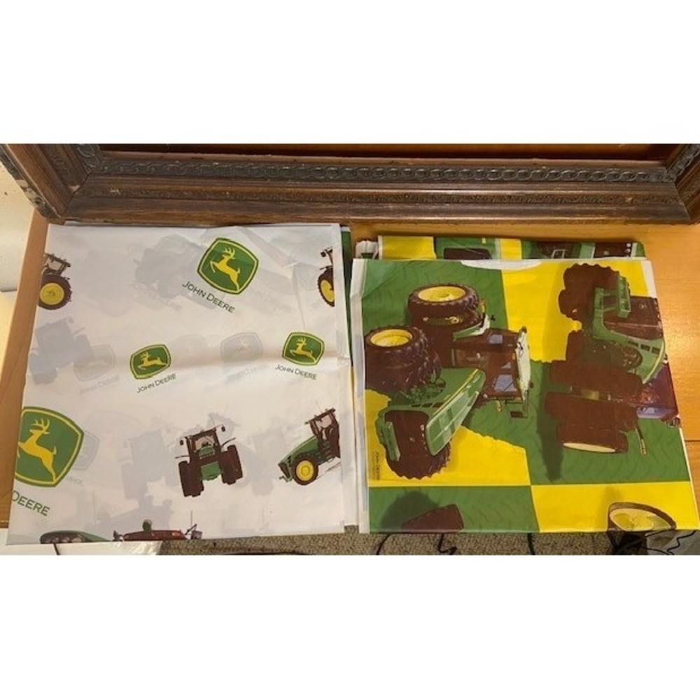 John Deere Licensed Tractor Logo 54x98 Vinyl Tablecloth Green White 2 Piece Set